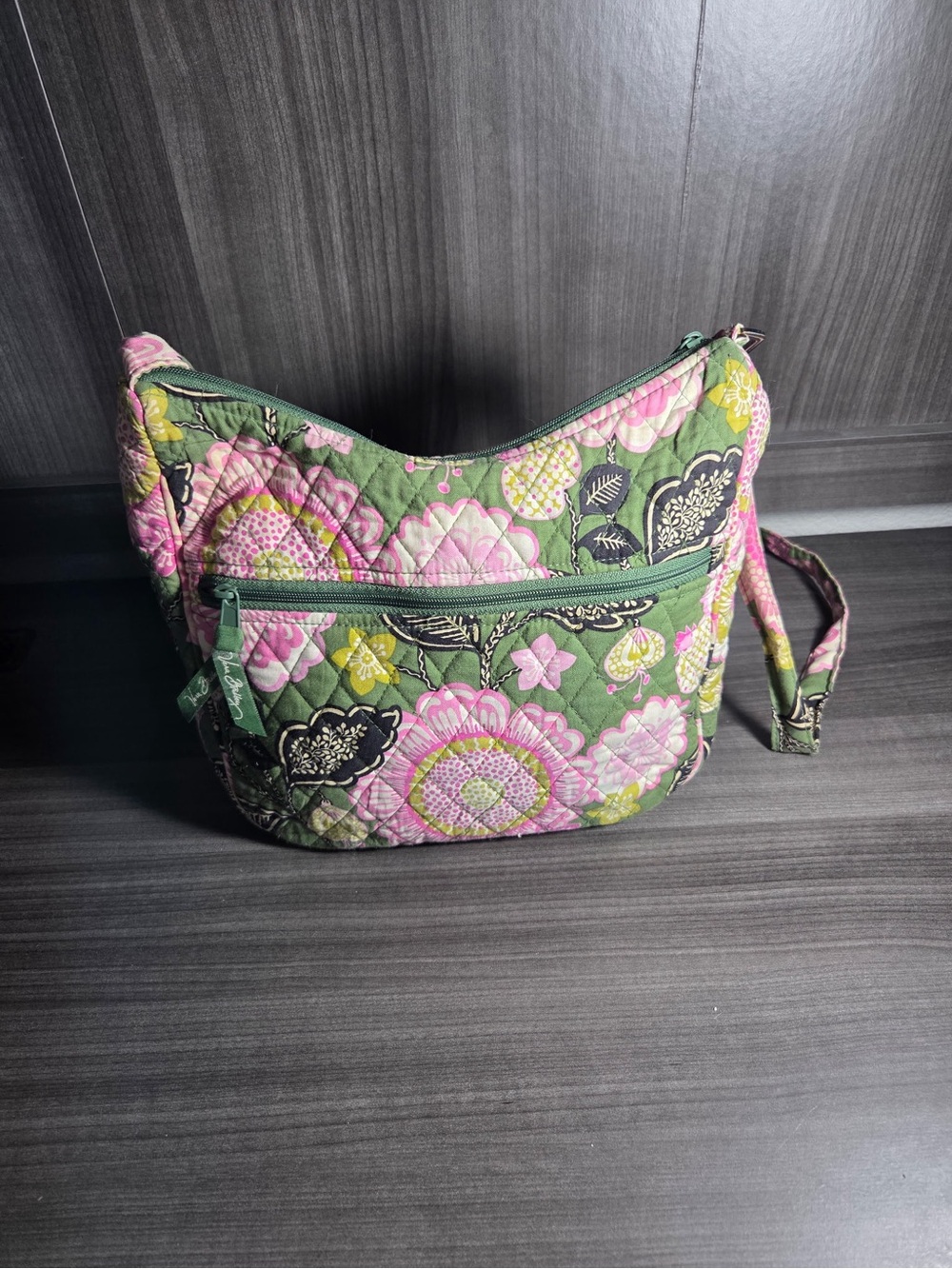 Vera Bradley “Olivia Pink” Green Quilted Crossbody with Pink Floral Pattern